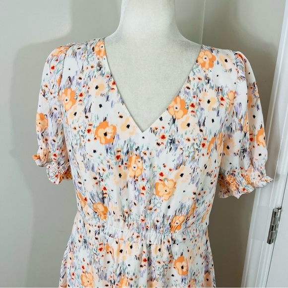 LOFT White with Orange & Blue Floral V-Neck Puff Sleeve Fit & Flare Dress - 6 - Picture 3 of 13